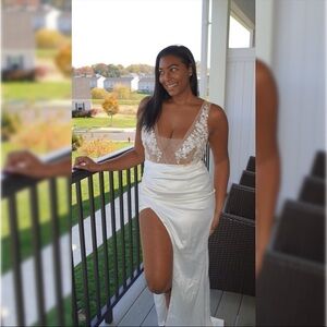 White Satin High-Slit Evening Gown with Lace Bodice